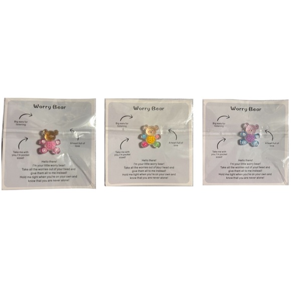 Worry Bears Set of 3 Bundle Miniature Anxiety Sensory Therapy Pink Yellow Blue - Picture 2 of 7